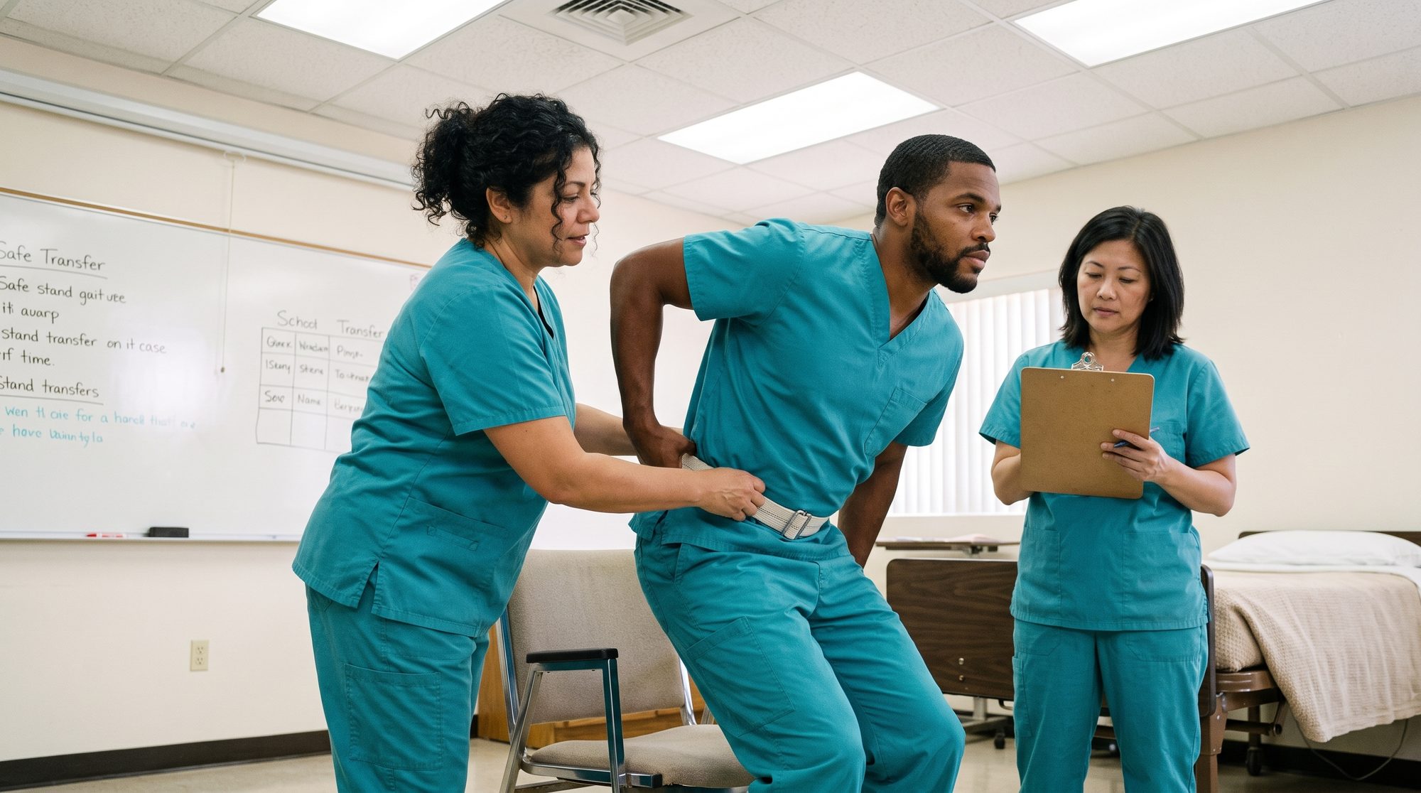 Carla Jimenez, CNA, demonstrating a safe stand with a gait belt to two new caregivers in the training room