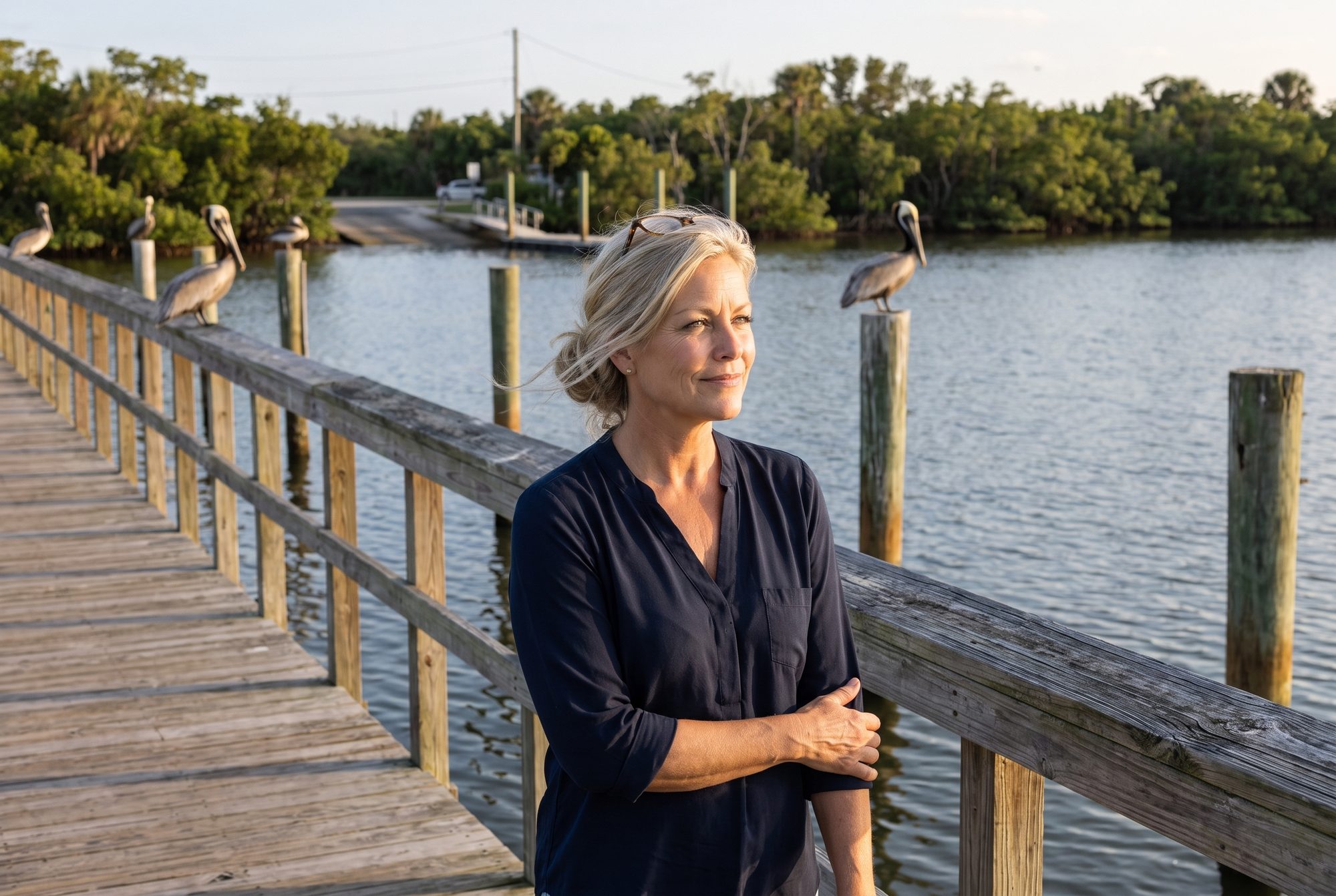 Dana Whitfield on the riverfront boardwalk in Edgewater, pelicans sitting on the pilings behind her