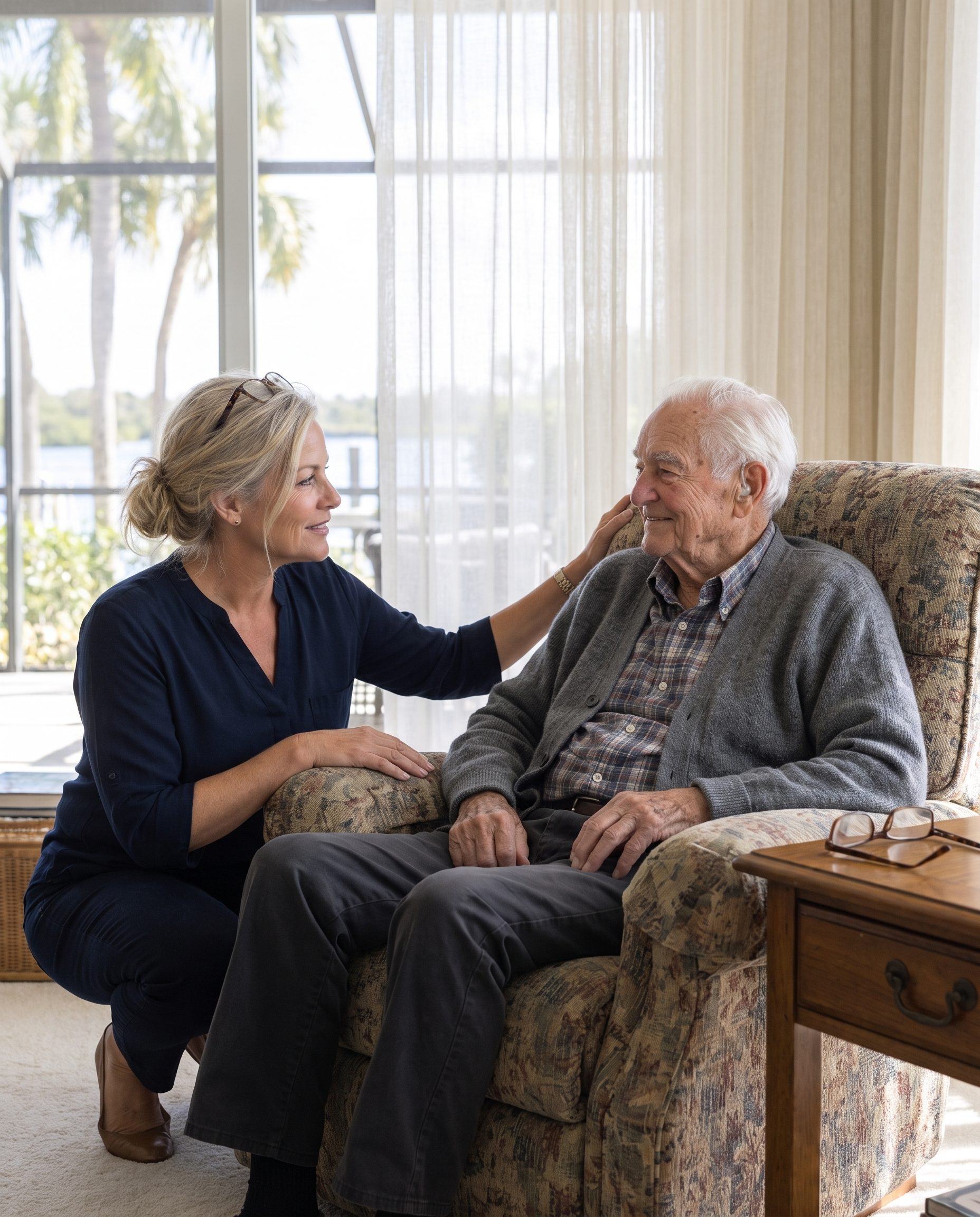 Dana Whitfield, RN, crouched beside Harold's recliner, talking with him eye to eye in his living room
