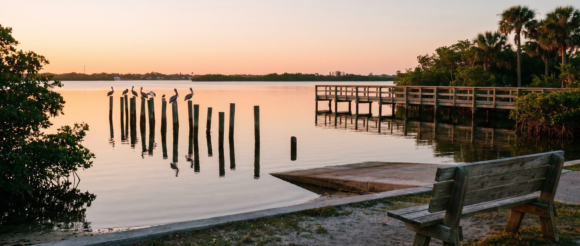 Pelicans on the pilings at the riverfront park in Edgewater at golden hour