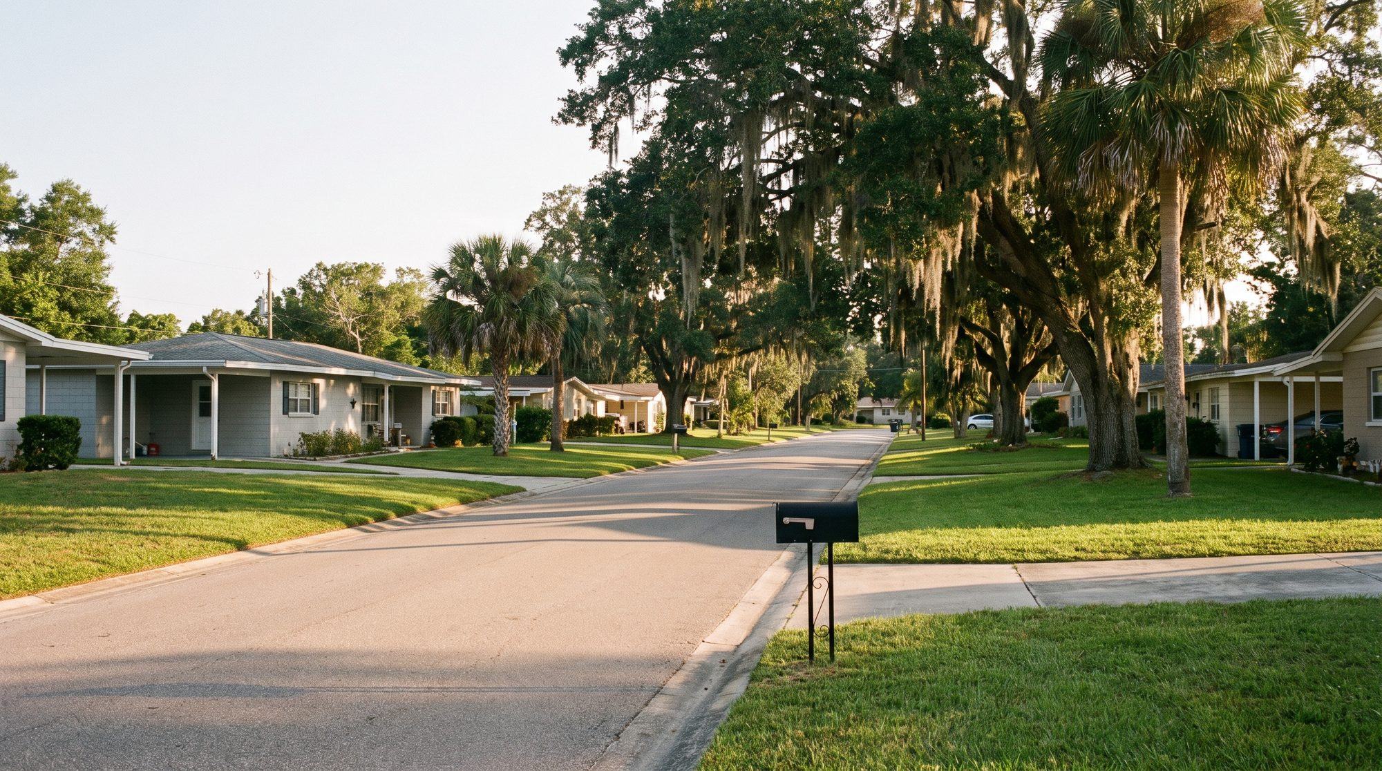 A quiet Florida Shores street in Edgewater, single-storey block homes under live oaks with Spanish moss
