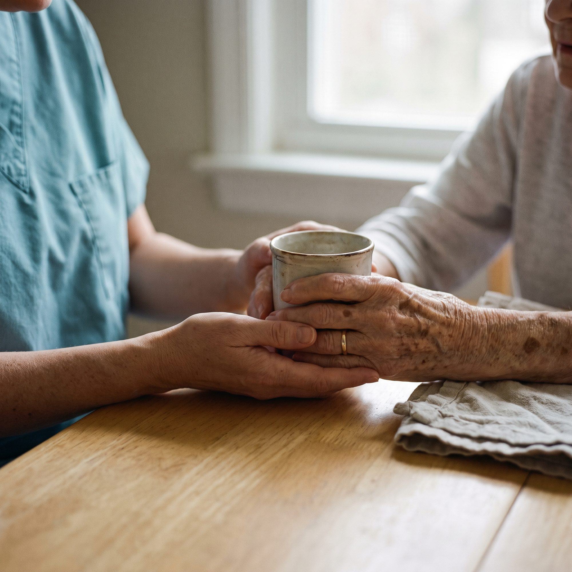 A caregiver's hands steadying an older woman's hands around a warm mug