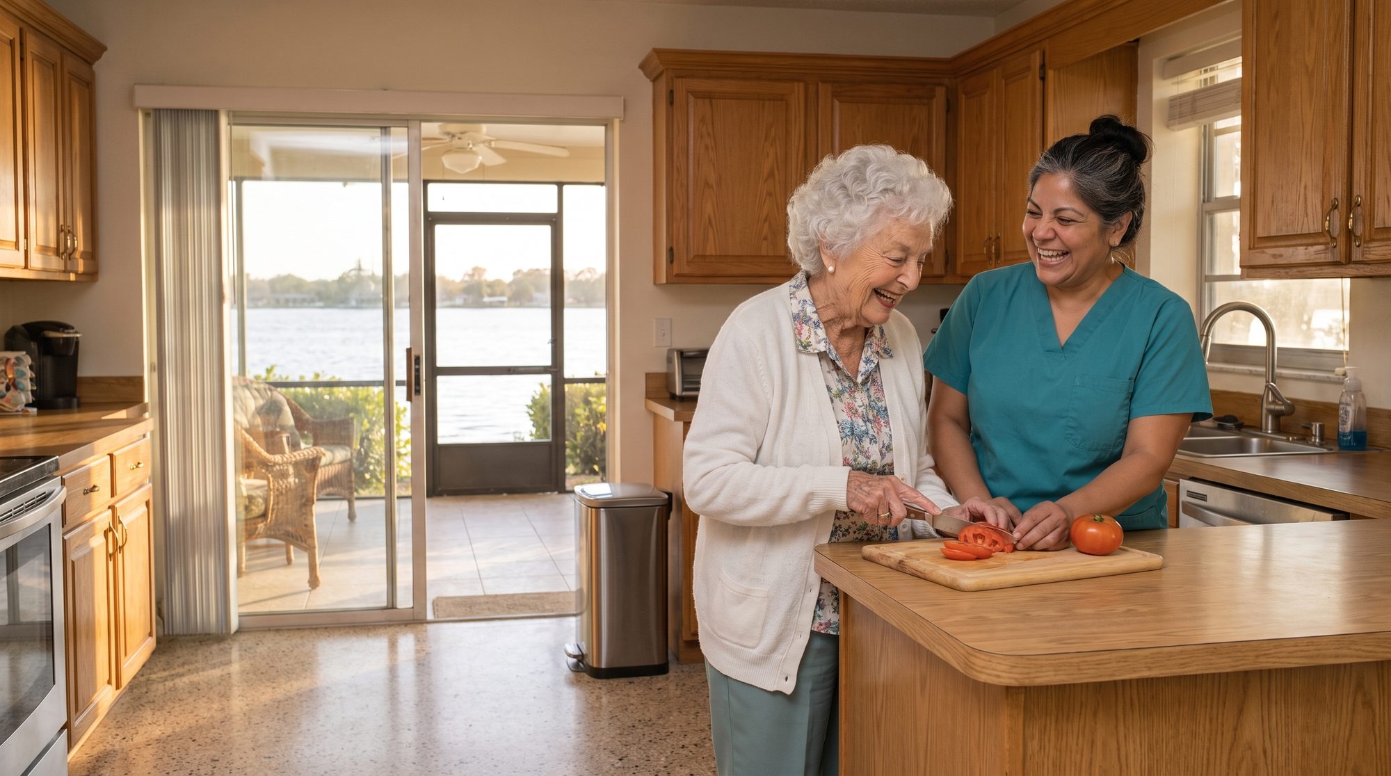 Evelyn, 90, slicing a tomato at her own kitchen counter in Edgewater while Rosa, her caregiver, steadies the board and both laugh