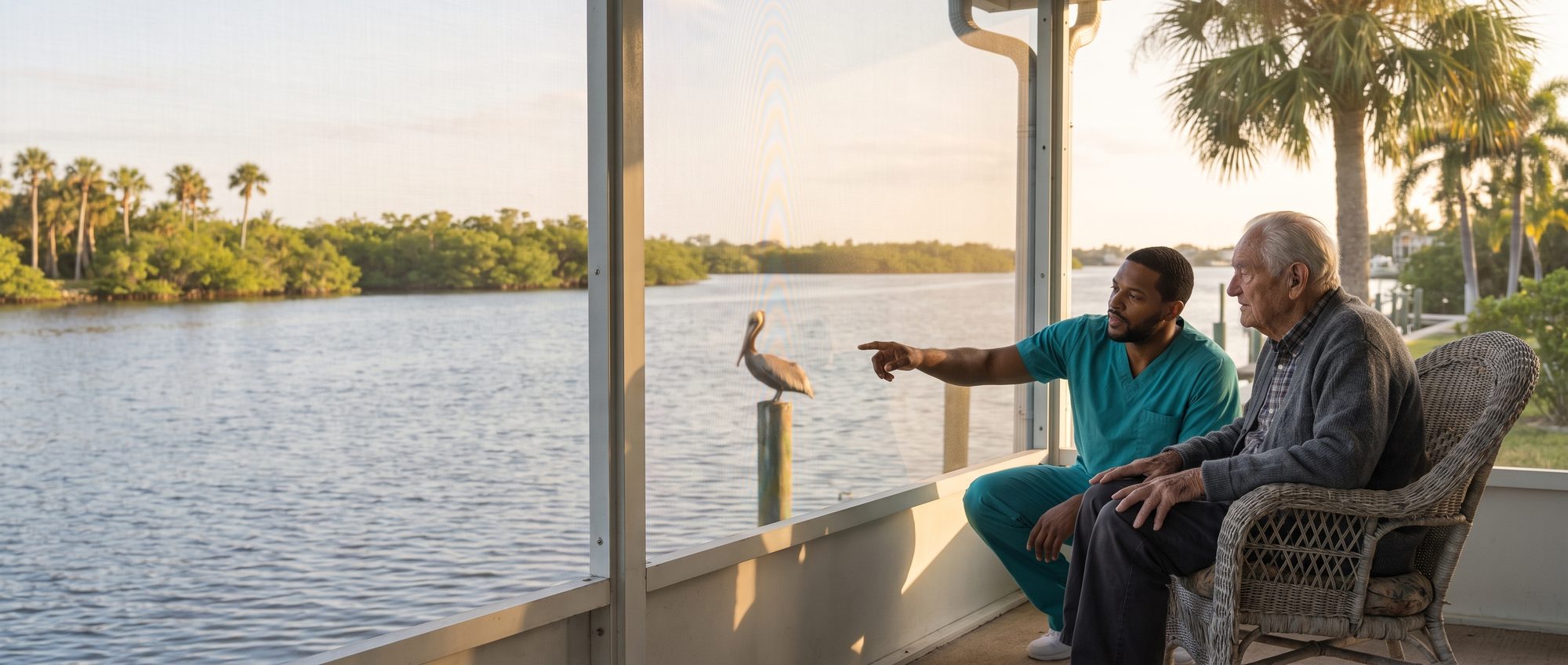 Marcus, a caregiver, crouched beside Harold, 88, on his screened lanai in Edgewater, pointing at a pelican on the river