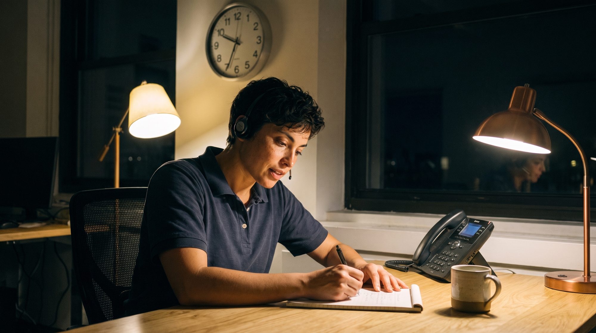 Jordan Blake at the Our Home Healthcare office desk at night with a headset, writing on a notepad, the clock reading 11:20