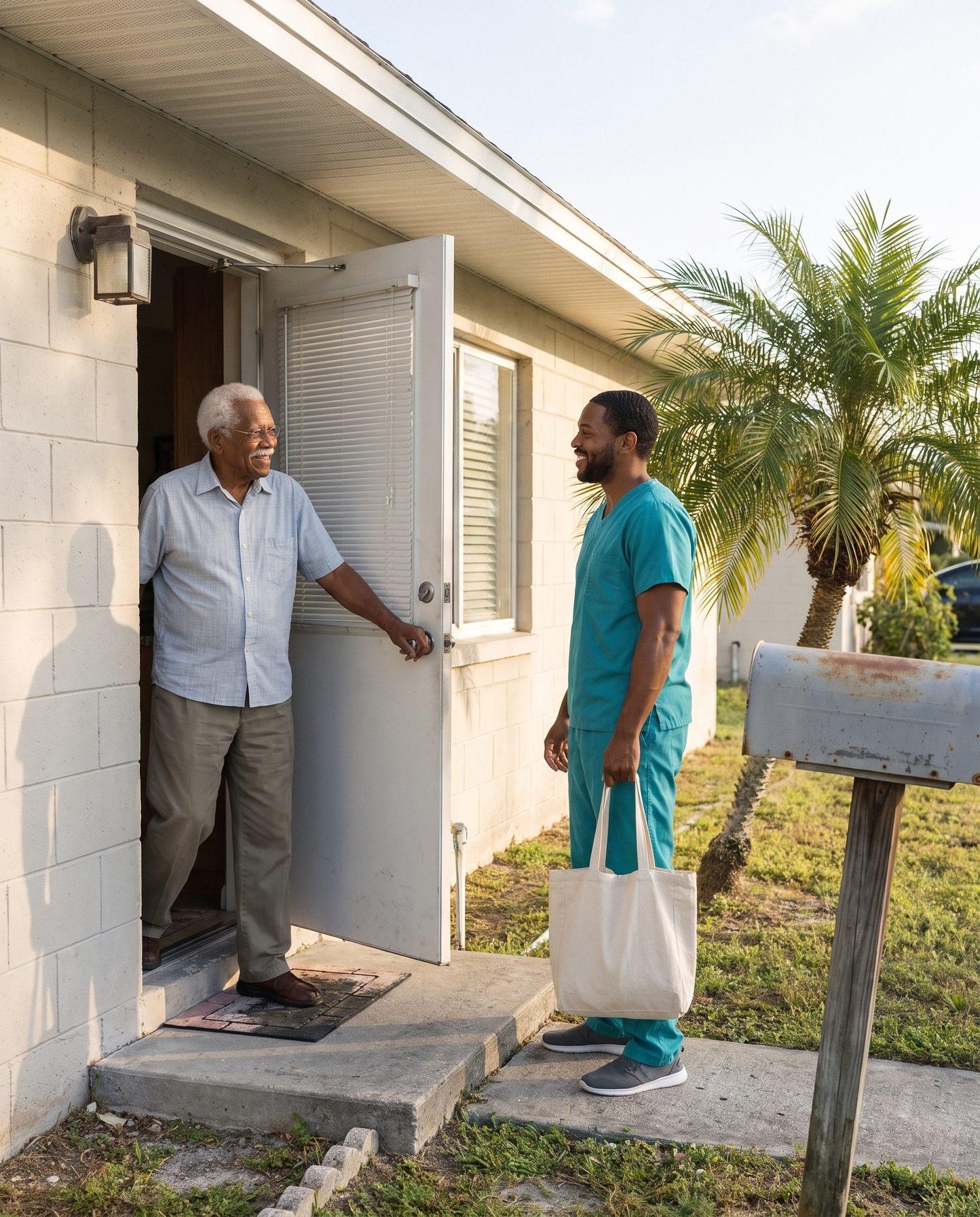 Earl opening his front door to Marcus, his caregiver, who is arriving with his tote bag for the morning shift
