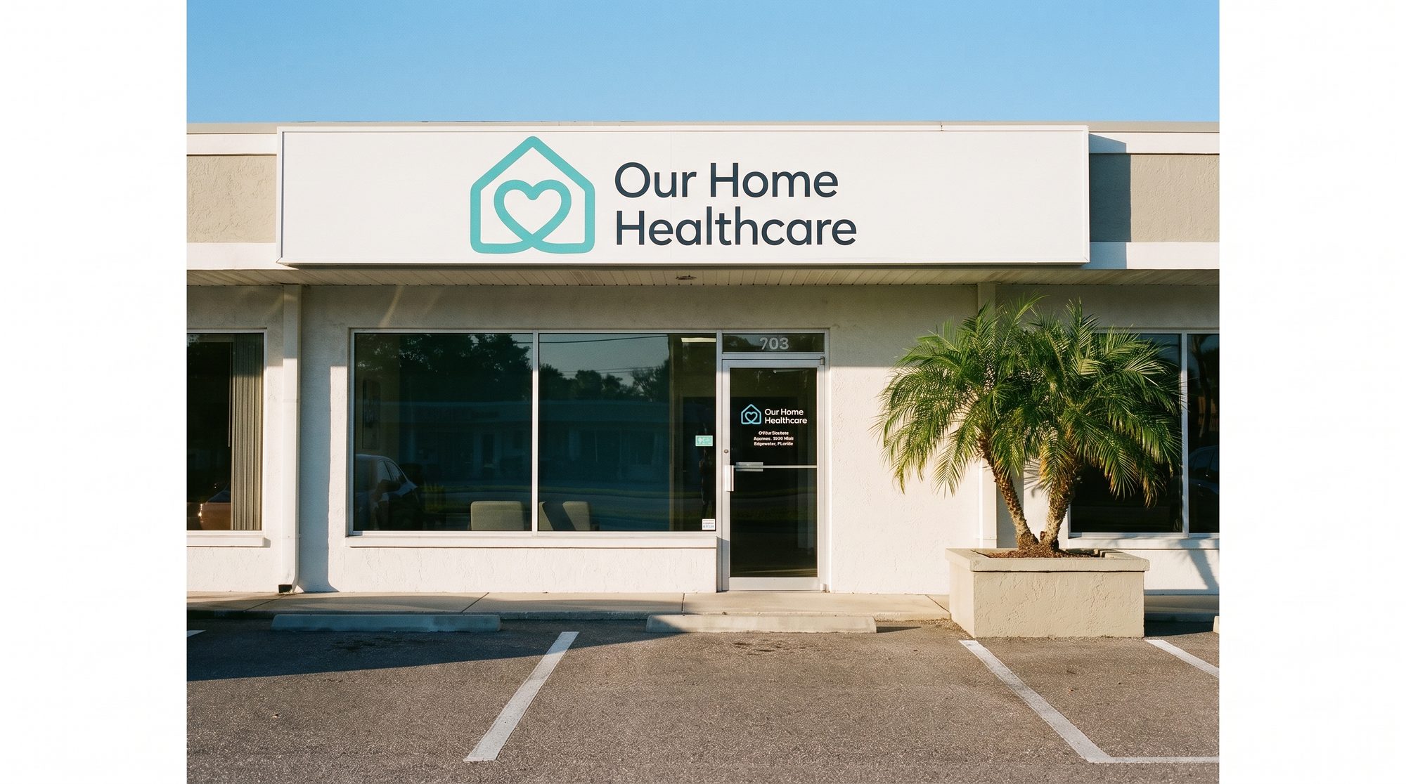 The Our Home Healthcare office suite on US-1 in Edgewater, with the sign above the door