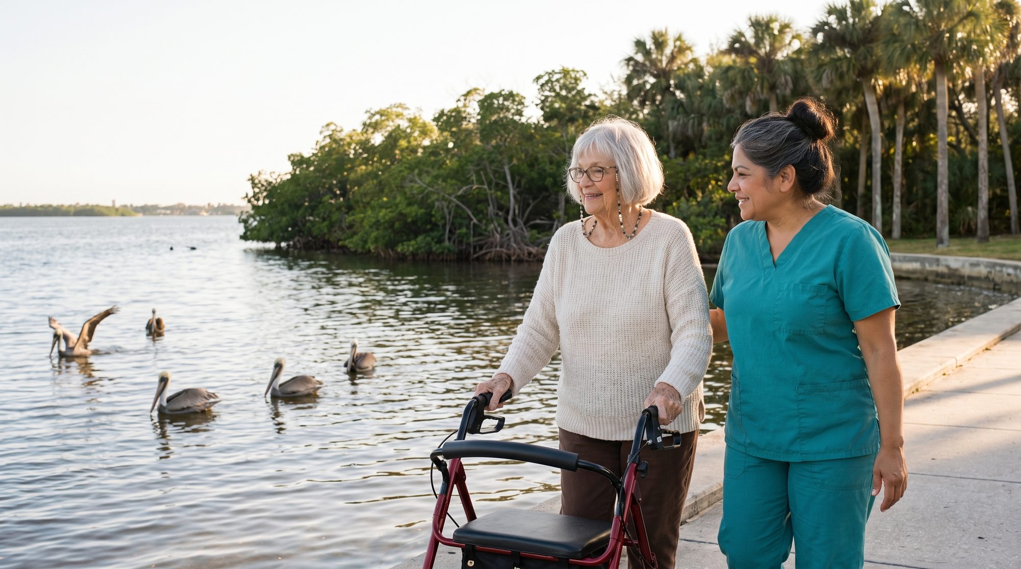 Joan, 82, with her rollator and Rosa, her caregiver, walking a riverside path in Edgewater, pelicans on the water
