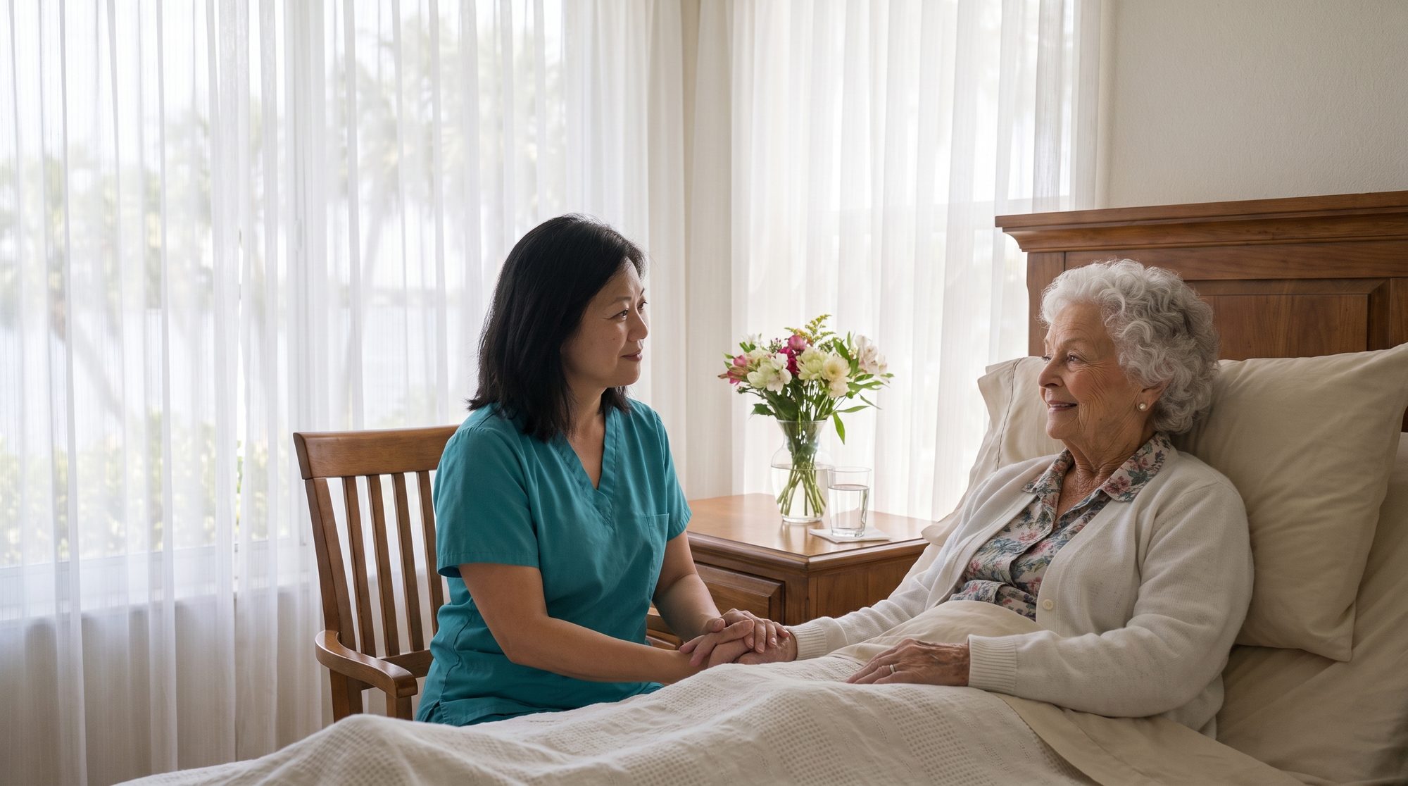 Lin, a caregiver, holding Evelyn's hand at her bedside by a window with flowers