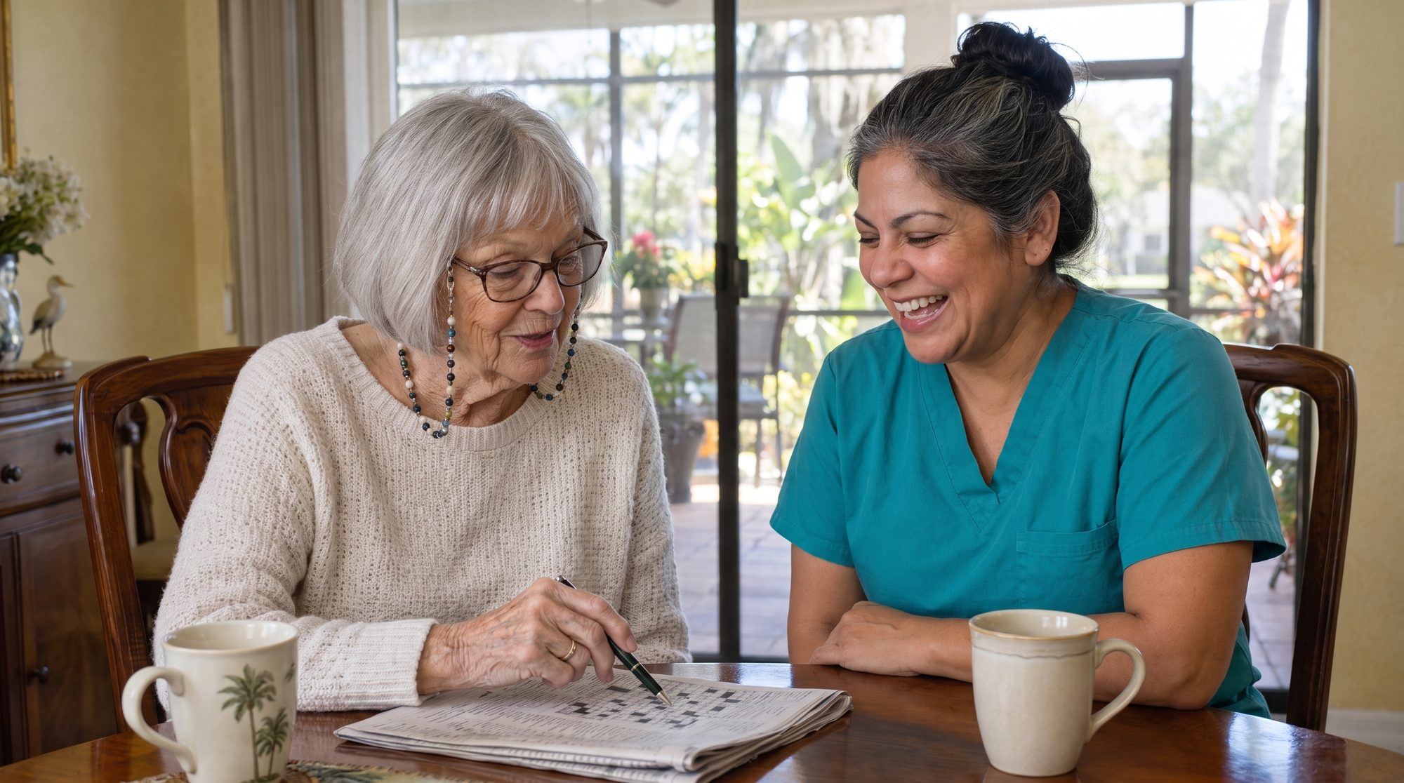 Joan, 82, and Rosa, her caregiver, laughing over a crossword at the dining table