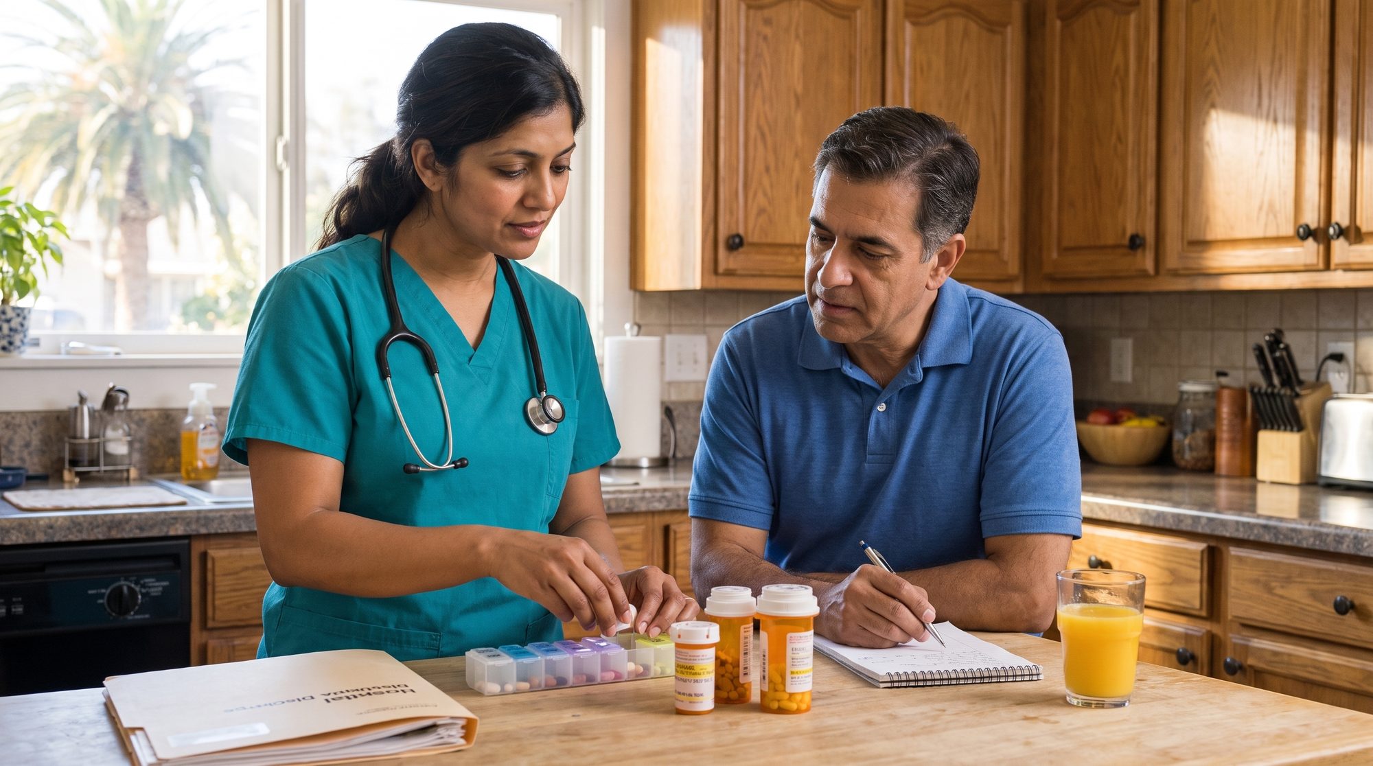 Priya Ramnath, RN, filling a weekly pill organizer at a kitchen counter while a client's son takes notes beside her