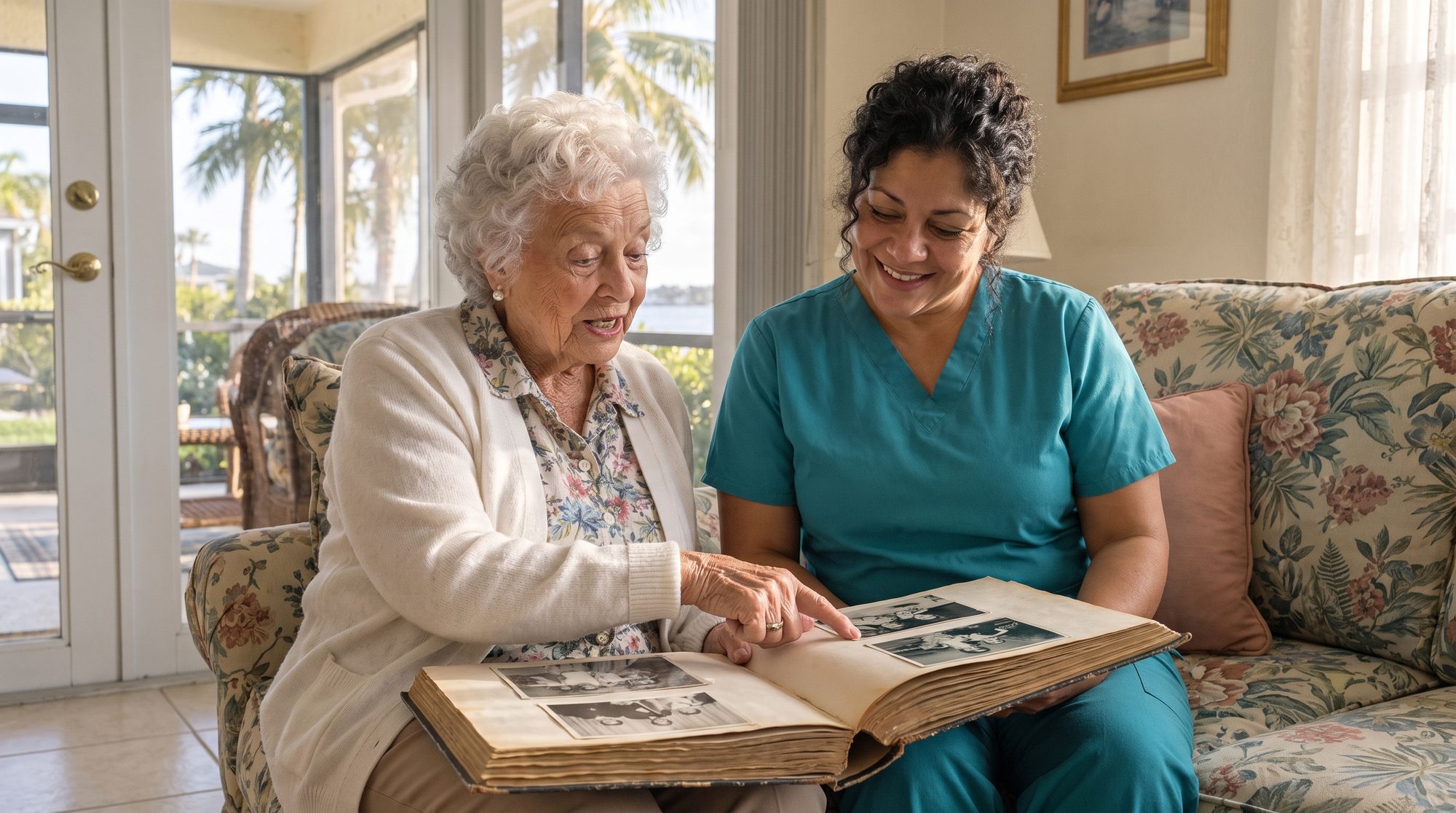 Carla, a caregiver, and Evelyn, 90, looking through an old photo album together on the sofa