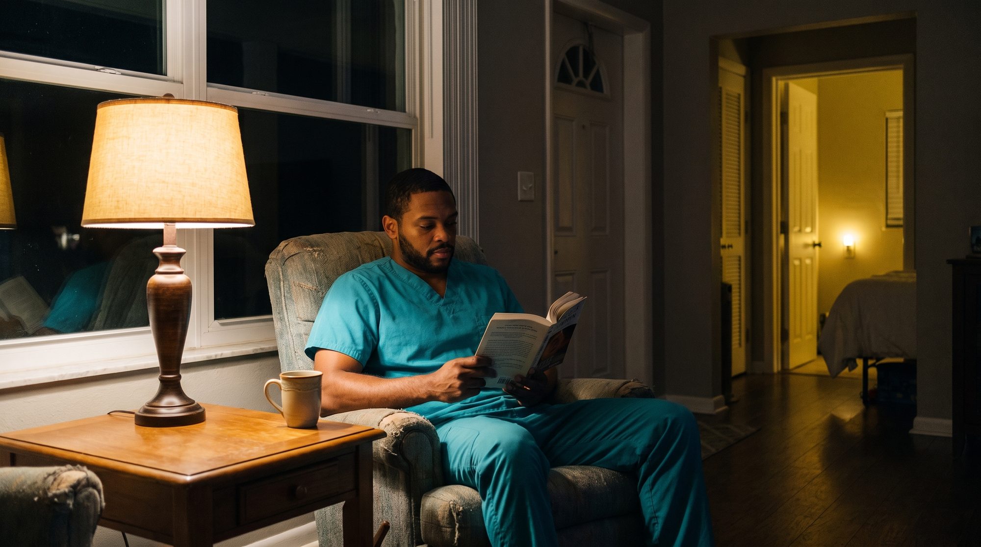 Marcus, a caregiver, reading under a lamp at night while his client sleeps down the hall