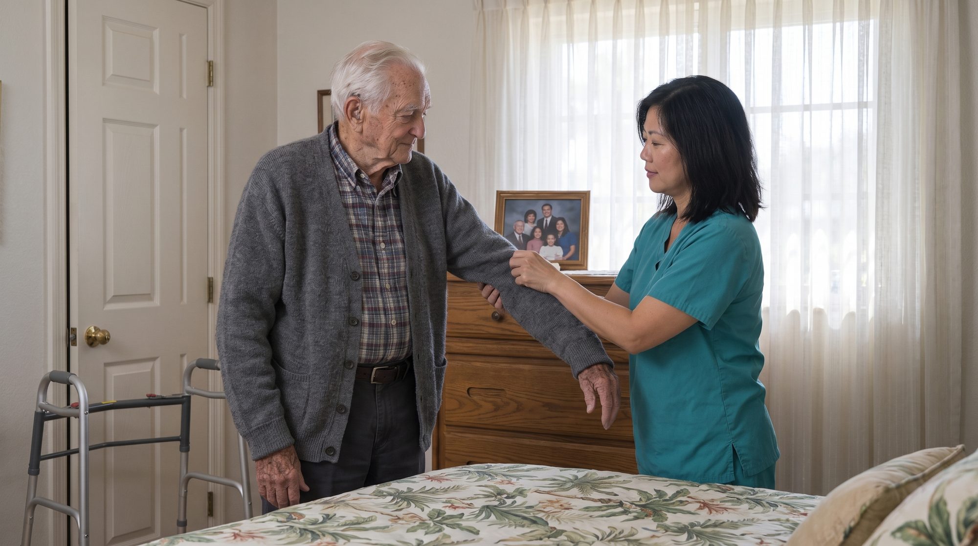 Lin, a caregiver, helping Harold, 88, into the sleeve of his cardigan beside his bed