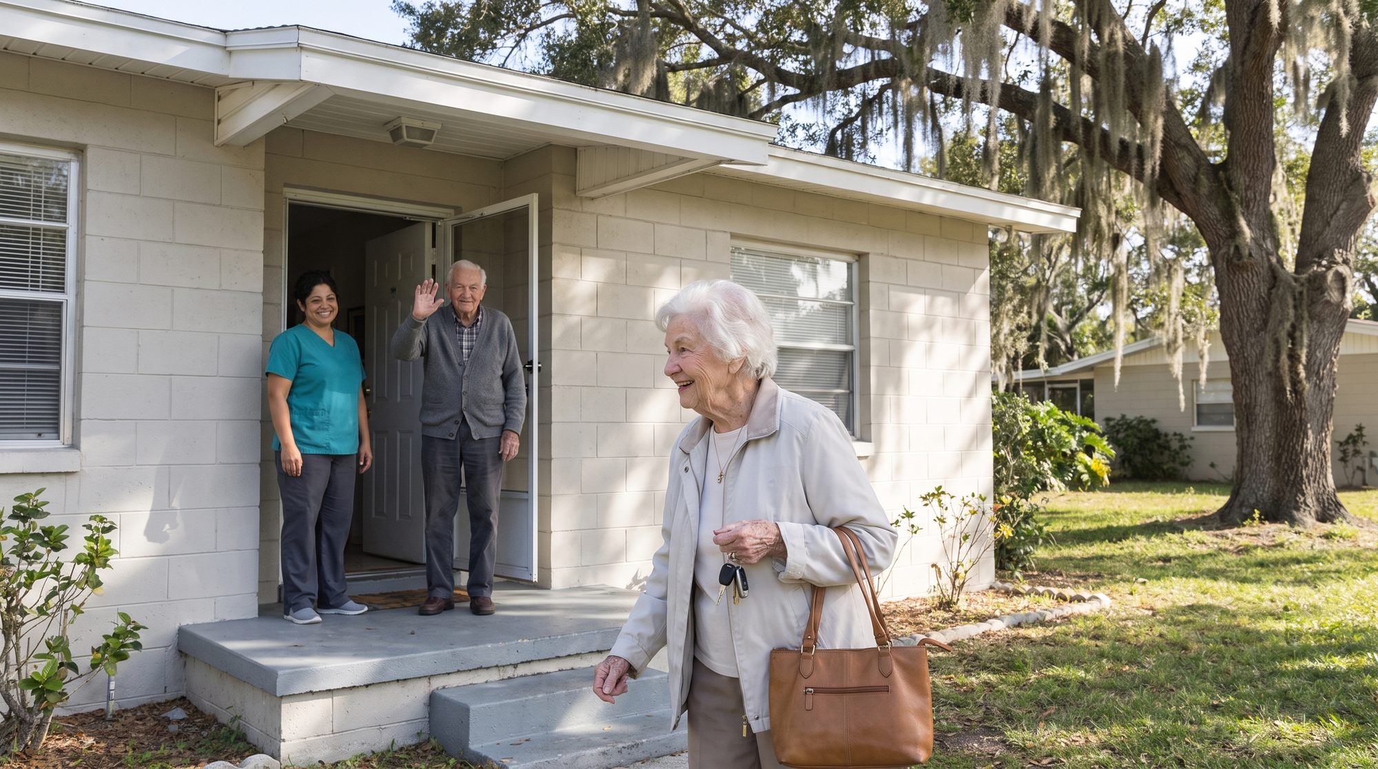 A wife walking down her porch steps with her handbag while a caregiver and her husband wave from the doorway