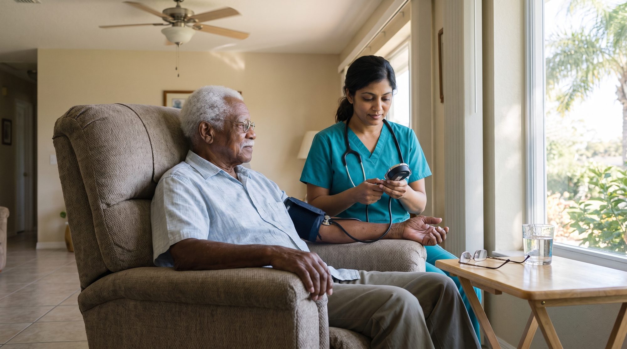 Priya Ramnath, RN, taking Earl's blood pressure as he sits in his recliner at home