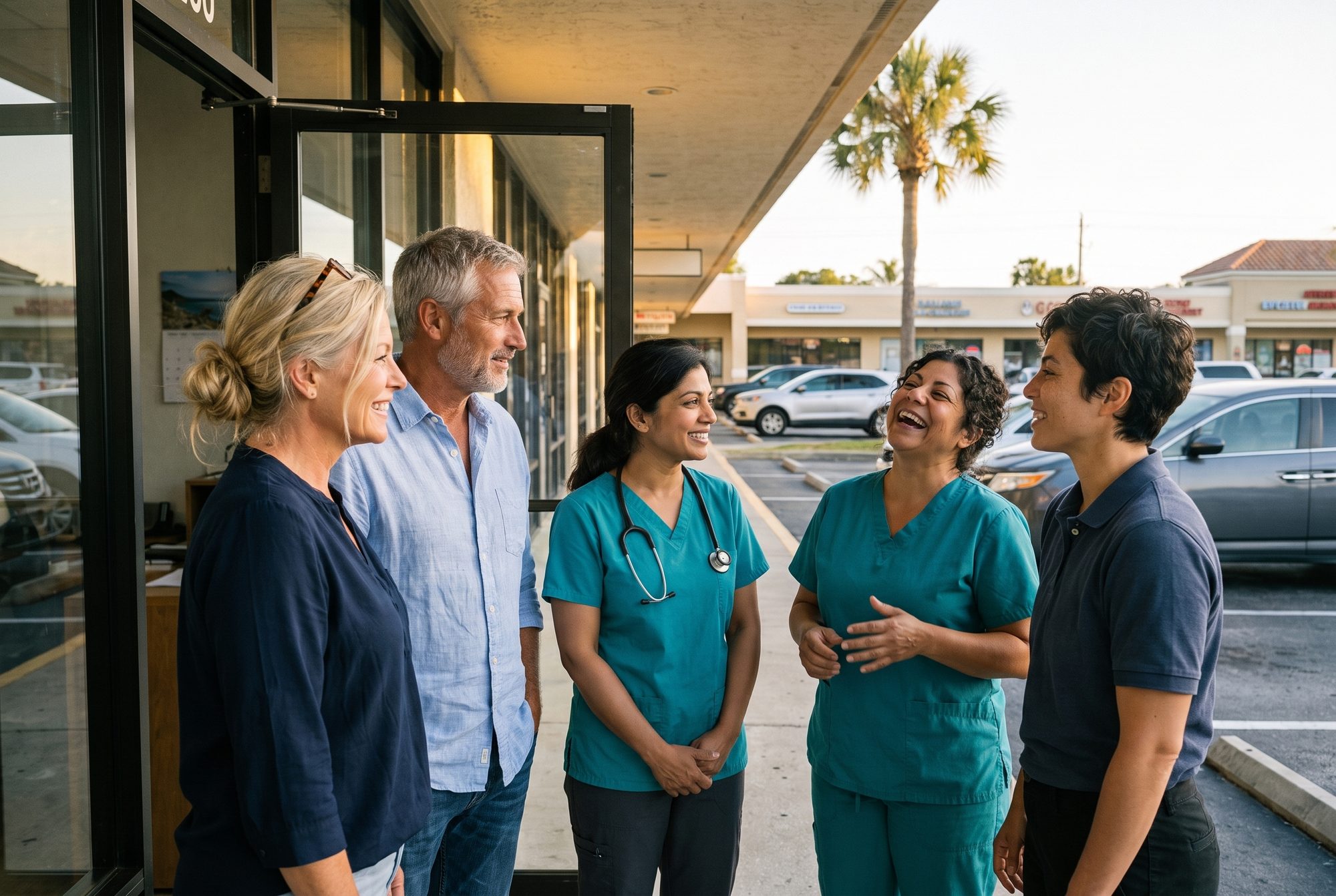 Dana, Tom, Priya, Carla and Jordan talking outside the door of the Our Home Healthcare office in Edgewater