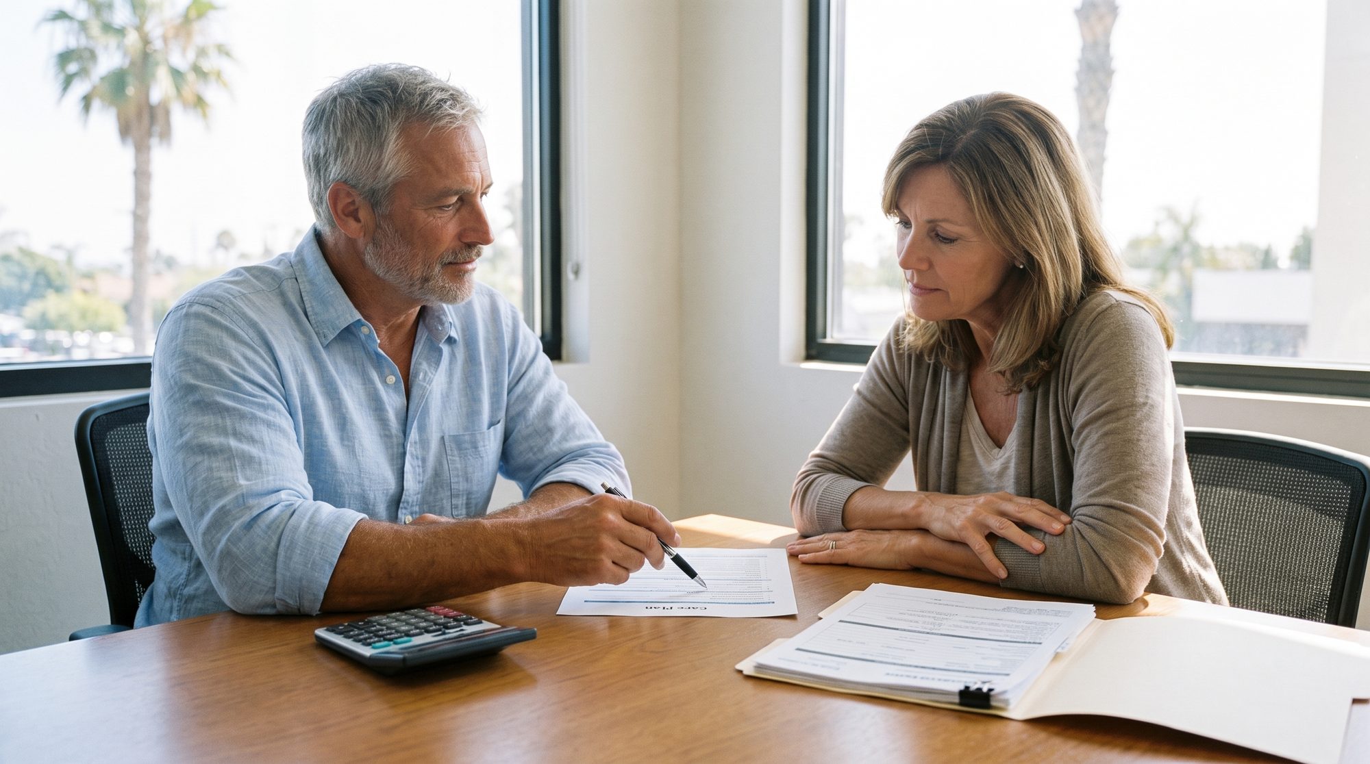 Tom Whitfield at his desk going through a printed care plan and its price with a client's daughter
